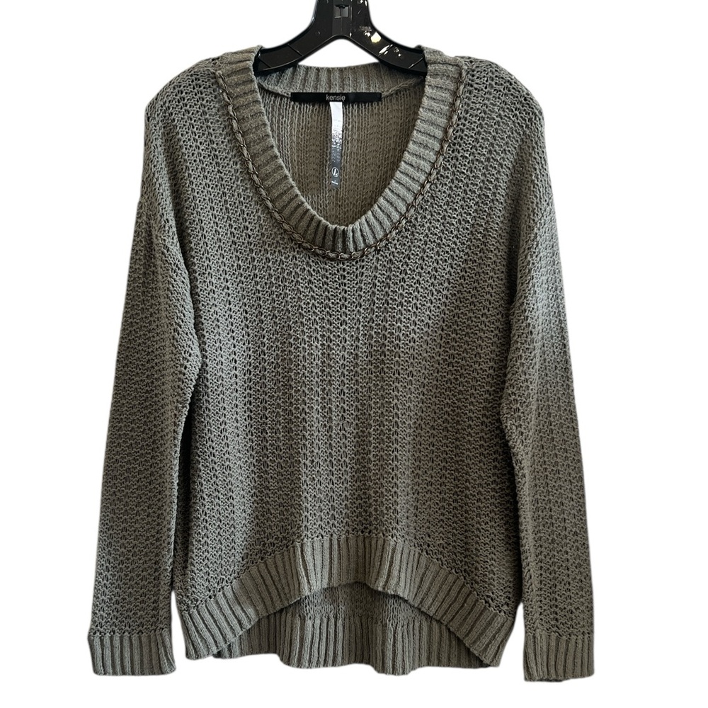 Kensie Women's Round Neck Olive Green Open Knit Pullover Sweater